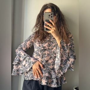 Worthington Pink Black & White Crew Neck Ruffled Long Sleeve Blouse